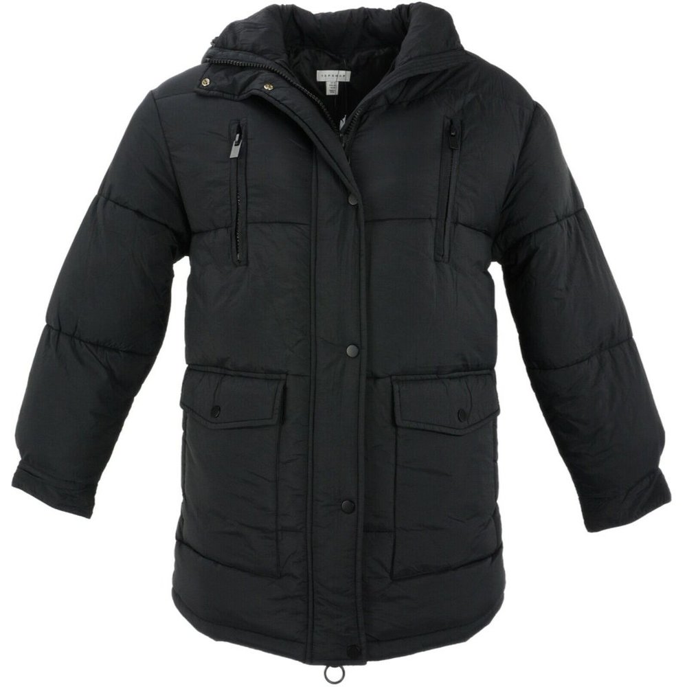 New Topshop Womens Sizes 8 / 10 Black Nylon Hooded Lined Insulated Puffer Jacket